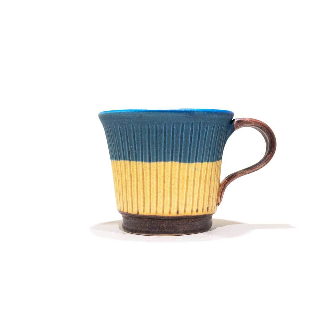 工房ことりの しのぎコーヒーカップ 青と黄色のツートン