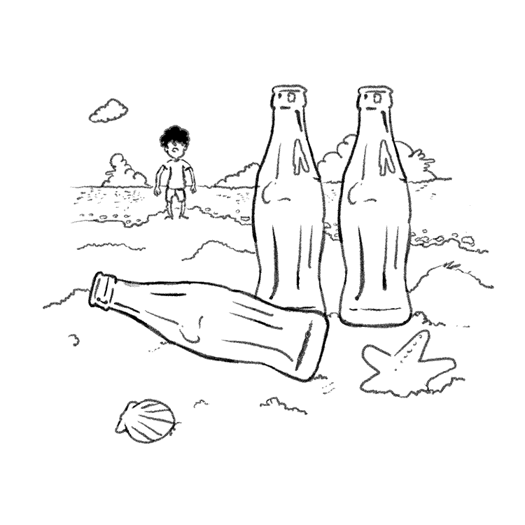 飲み終わったコーラ瓶を見つける職人のイラスト