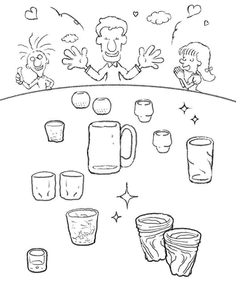 出来上がった琉球ガラスに感動する人々のイラスト