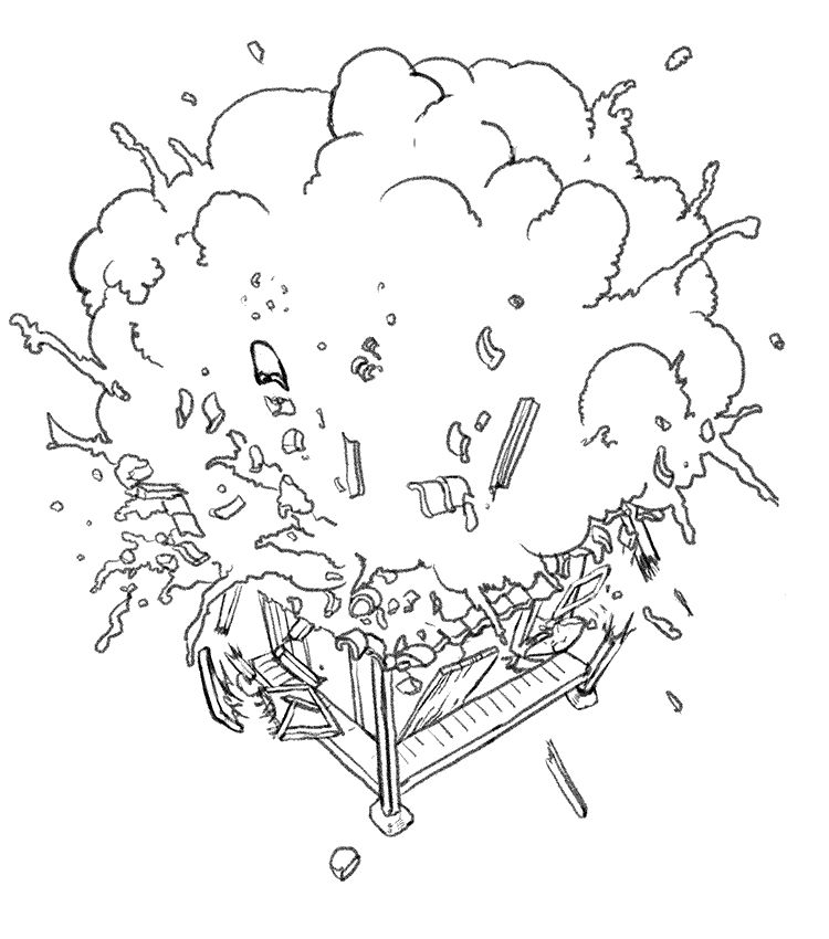 爆撃により工房が壊れるイラスト