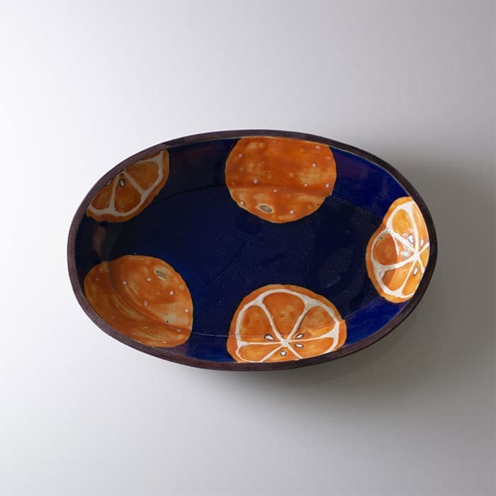 沖縄陶器 やちむん アトリエクッチャネ オーバル皿 オレンジ柄
