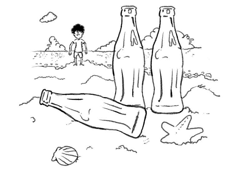 飲み終わったコーラ瓶を見つける職人のイラスト